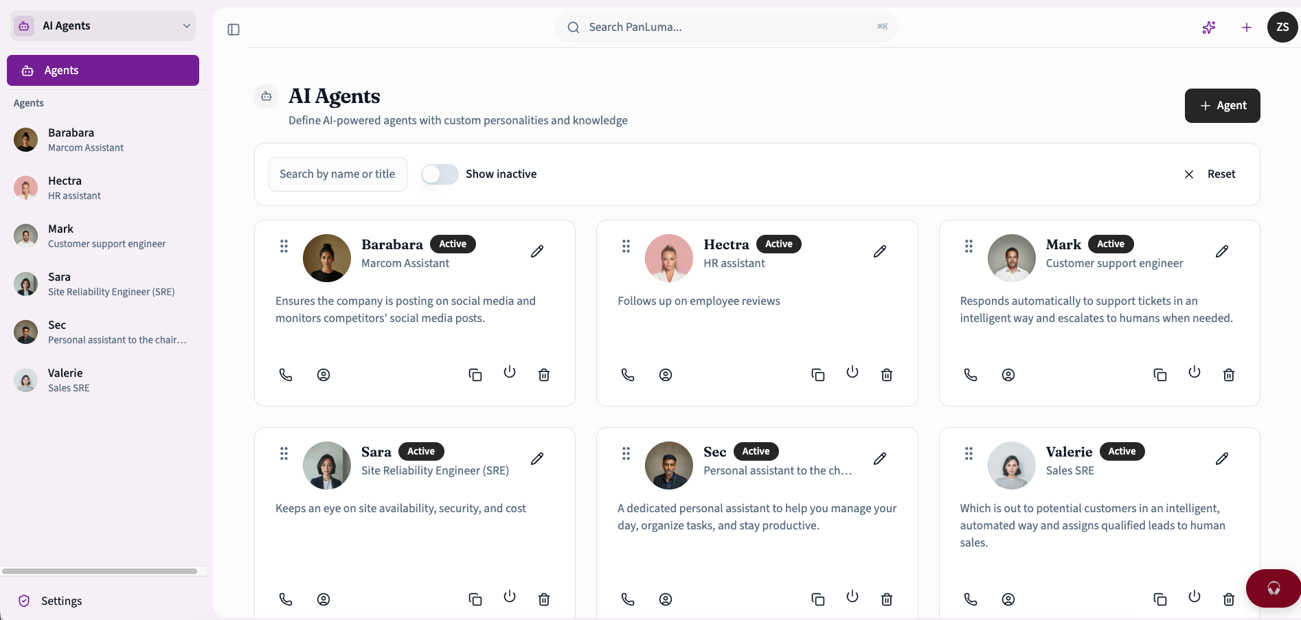 PanLuma AI Agents — Grid of AI agents with custom avatars and roles like CEO, CFO, and Sales Analyzer