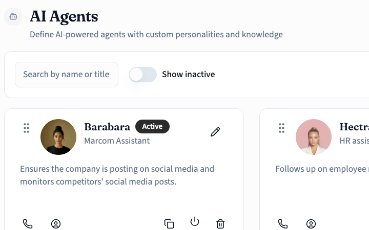 PanLuma AI Agents — Grid of AI agents with custom avatars and roles like CEO, CFO, and Sales Analyzer