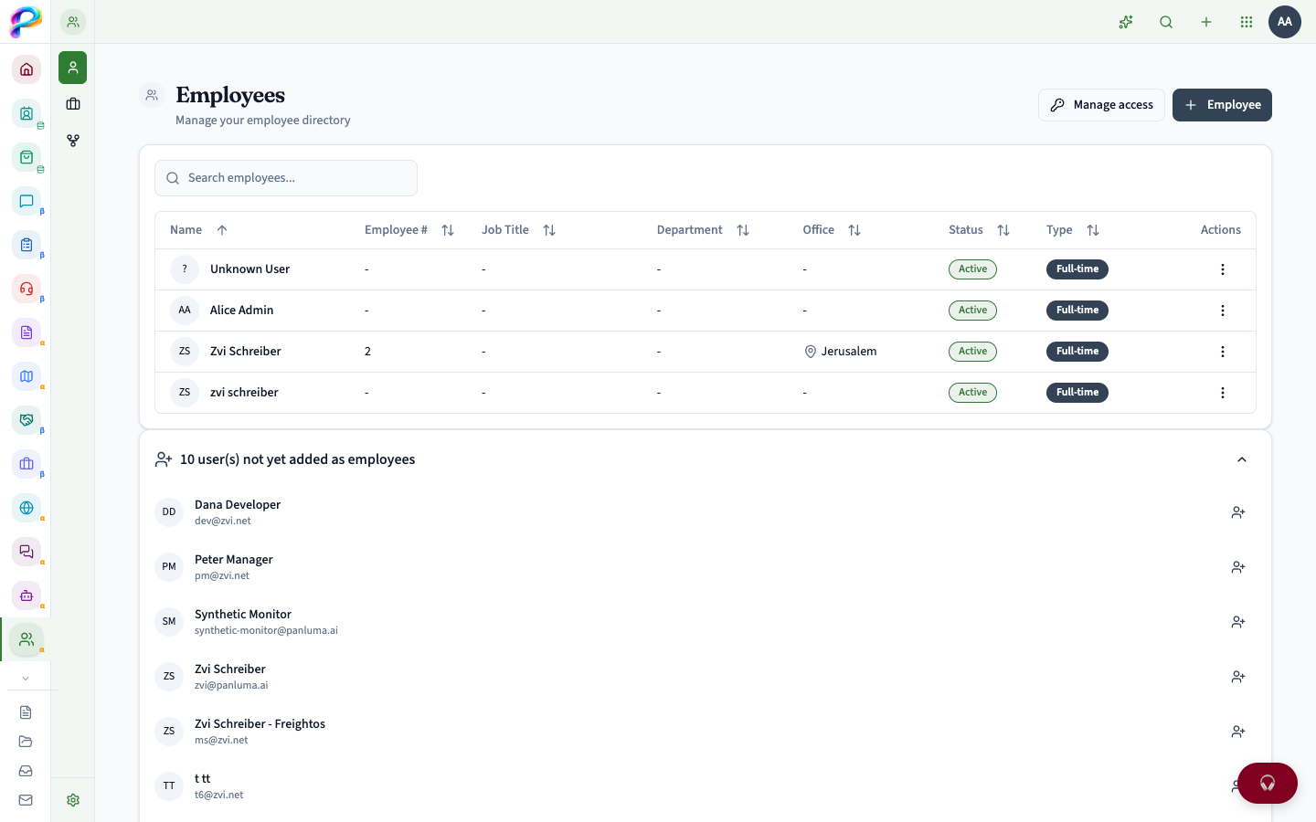 PanLuma People — Employee directory with status, job titles, and department information