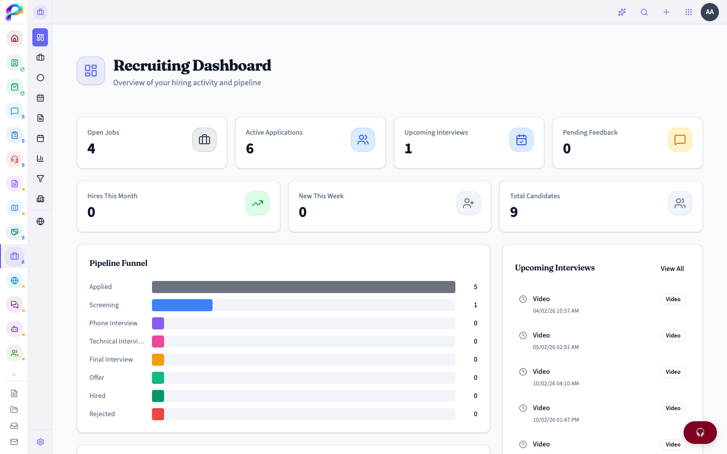 PanLuma Recruiting — Dashboard showing pipeline funnel, open jobs, and upcoming interviews