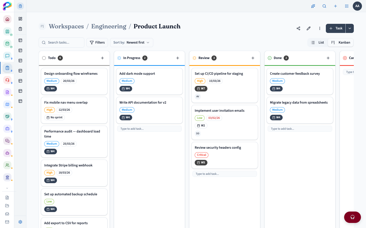 PanLuma Tasks — Kanban board with task cards organized by status columns