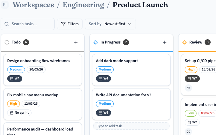 PanLuma Tasks — Kanban board with task cards organized by status columns